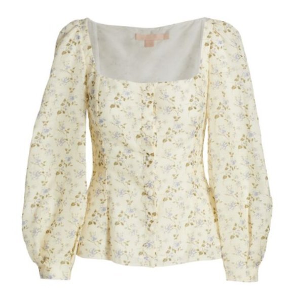 $890 Brock Collection Thelma Linen Cotton Floral Cottage Core Puff Sleeve Blouse
